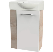 Gäste-WC-Set mit Keramik-Waschbecken und Unterschrank in Eiche-Optik mit weißer Front.
