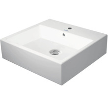 Weißes quadratisches Aufsatzwaschbecken aus Keramik mit Hahnloch und Überlauf von Duravit.