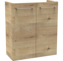 Unterschrank in Eiche-Optik mit zwei Türen und horizontalen Metallgriffen.