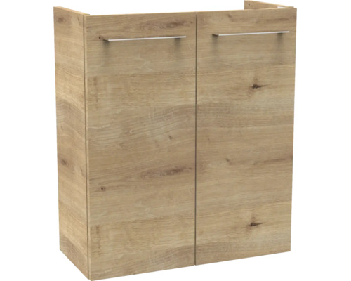 Unterschrank in Eiche-Optik mit zwei Türen und horizontalen Metallgriffen.