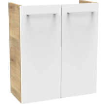 Hängeschrank mit zwei weißen Türen, Korpus in Eichenoptik und horizontalen Griffstangen.