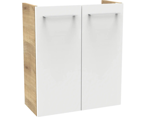 Hängeschrank mit zwei weißen Türen, Korpus in Eichenoptik und horizontalen Griffstangen.