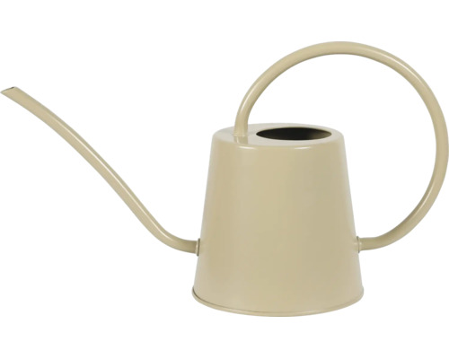 Moderne beige Zimmergießkanne aus Metall mit langem Ausguss und großem Rundgriff.