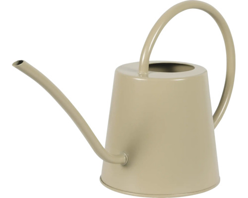 Beige Gießkanne aus Metall mit langem Auslauf und großem, gebogenem Griff.