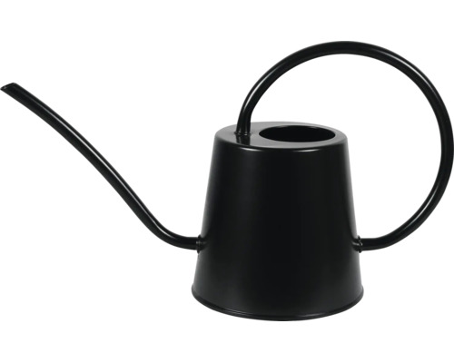 Schwarze Gießkanne aus Metall mit langem, schmalem Ausguss und rundem Griff für Zimmerpflanzen.