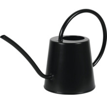 Schwarze Gießkanne aus Metall mit langem, schmalem Ausguss und großem, gebogenem Griff.