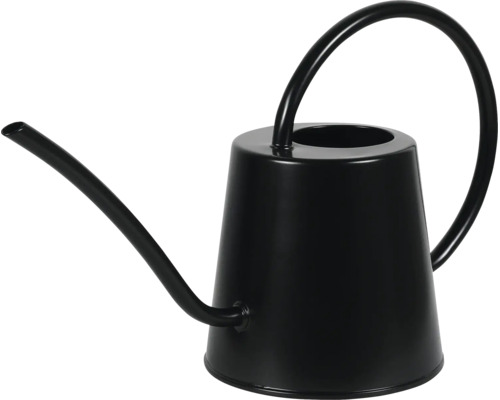 Schwarze Gießkanne aus Metall mit langem, schmalem Ausguss und großem, gebogenem Griff.