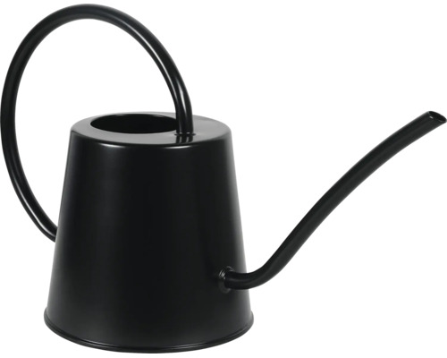 Moderne Gießkanne aus schwarzem Metall für den Innenbereich mit langem Ausguss und großem gebogenem Griff.