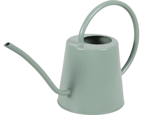 Zimmergießkanne aus Metall in Salbeigrün mit langem Ausguss und bogenförmigem Griff.