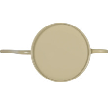 Beige Gießkanne aus Metall in der Draufsicht mit Ausguss und Griff.