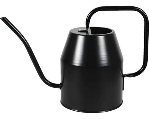 Schwarze Gießkanne aus Metall mit langem, schmalem Ausguss und großem Bügelgriff für Zimmerpflanzen.