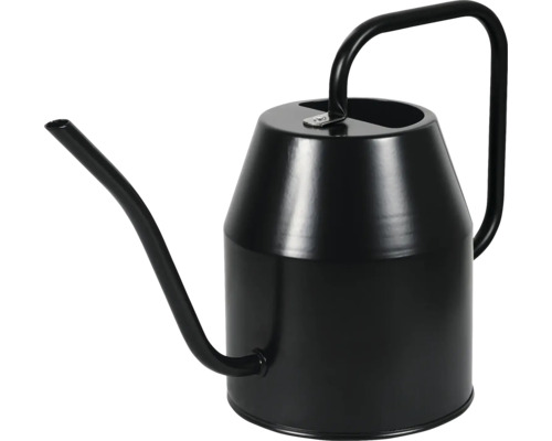 Schwarze Metallgießkanne mit langem Ausguss und geschwungenem Griff.
