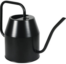 Moderne Gießkanne aus Metall in Schwarz mit langem, schmalem Ausgießer und großem Griff für präzises Bewässern von Zimmerpflanzen.