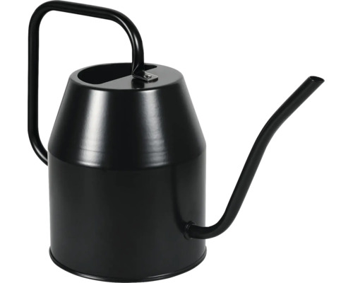 Moderne Gießkanne aus Metall in Schwarz mit langem, schmalem Ausgießer und großem Griff für präzises Bewässern von Zimmerpflanzen.