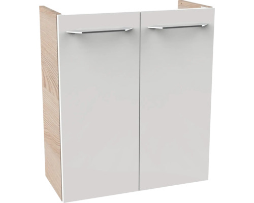 Waschbeckenunterschrank mit zwei Türen, Griffen in Metalloptik und Korpus in Holzoptik.
