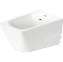Wandhängendes Bidet aus Keramik in Weiß mit einem Hahnloch und Überlauf.