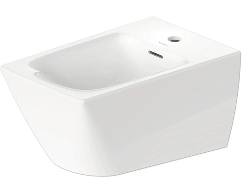 Wandhängendes Bidet aus Keramik in Weiß mit einem Hahnloch und Überlauf.