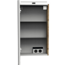 Offener Spiegelschrank mit zwei Glasböden, integrierter Doppelsteckdose und einer Leuchte an der Oberseite.