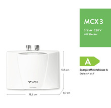 Clage MCX 3 elektronischer Kleindurchlauferhitzer, 3,5 Kilowatt, 230 Volt mit Stecker, Effizienzklasse A, 18,6 mal 13,5 mal 8,7 Zentimeter.