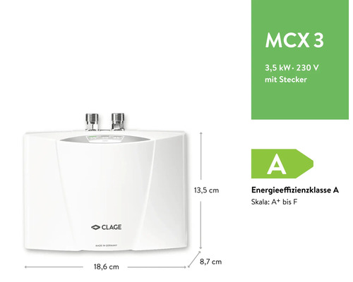 Clage MCX 3 elektronischer Kleindurchlauferhitzer, 3,5 Kilowatt, 230 Volt mit Stecker, Effizienzklasse A, 18,6 mal 13,5 mal 8,7 Zentimeter.