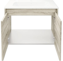 Waschbeckenunterschrank mit Waschbecken, Korpus in Holzoptik mit zwei geöffneten Türen und weißem Becken.