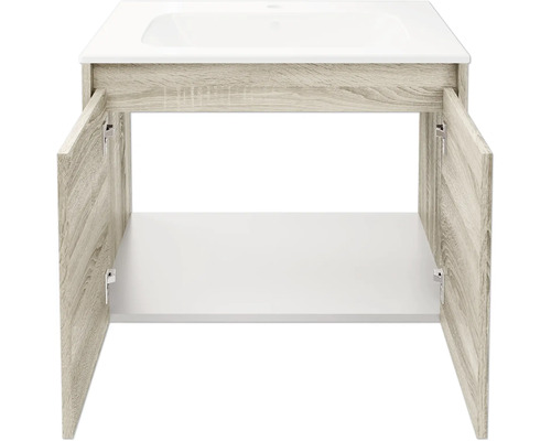 Waschbeckenunterschrank mit Waschbecken, Korpus in Holzoptik mit zwei geöffneten Türen und weißem Becken.