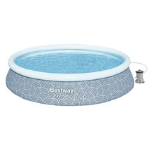 Bestway Fast Set Aufstellpool mit aufblasbarem Ring, gemusterter Außenwand, Filterpumpe und Bestway Logo.