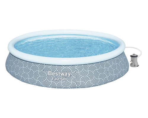 Bestway Fast Set Aufstellpool mit aufblasbarem Ring, gemusterter Außenwand, Filterpumpe und Bestway Logo.