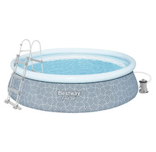 Bestway Fast Set Rundpool mit geometrischem Muster, aufblasbarem Ring, Sicherheitsleiter und Filterpumpe.