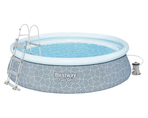 Bestway Fast Set Rundpool mit geometrischem Muster, aufblasbarem Ring, Sicherheitsleiter und Filterpumpe.