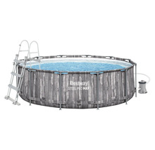 Bestway Steel Pro MAX Aufstellpool in Holzoptik mit Leiter und Filterpumpe.