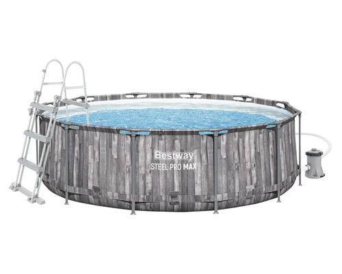 Bestway Steel Pro MAX Aufstellpool in Holzoptik mit Leiter und Filterpumpe.