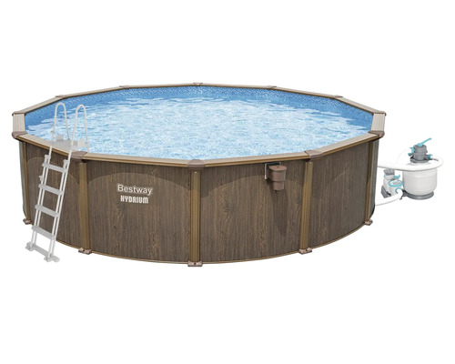 Bestway Hydrium Stahlwandpool in Holzoptik mit Leiter und Sandfilteranlage.