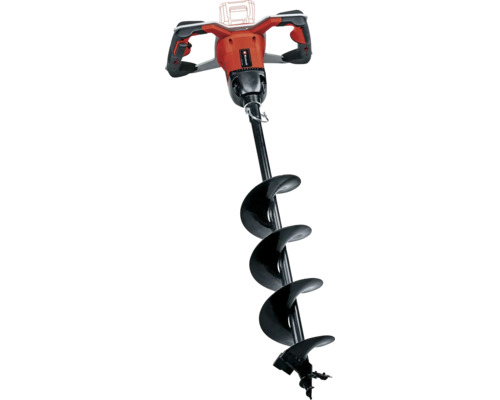 Einhell Akkumulator-Erdbohrer mit Doppelhandgriff und schwarzer Bohrschnecke.
