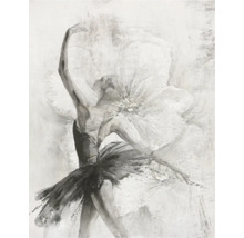 Wandbild mit einer Ballerina im dunklen Tutu vor einer großen Blume in Graustufen.