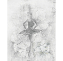 Künstlerisches Wandbild mit einer Ballerina in einem Tutu vor großflächigen Blumenmotiven.