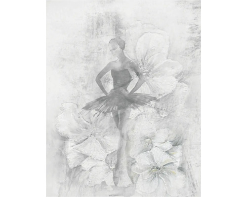 Künstlerisches Wandbild mit einer Ballerina in einem Tutu vor großflächigen Blumenmotiven.