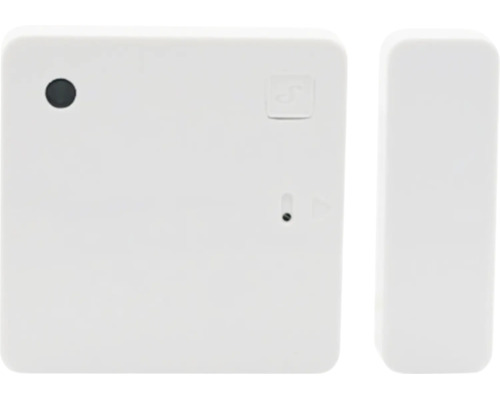 Weißer Smart Home Tür- und Fenstersensor bestehend aus einer Sensoreinheit und einem Magnetkontakt.