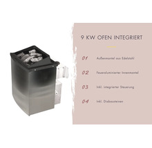 9 Kilowatt Saunaofen mit integrierter Steuerung, Edelstahl-Außenmantel, feueraluminiertem Innenmantel und Diabassteinen.