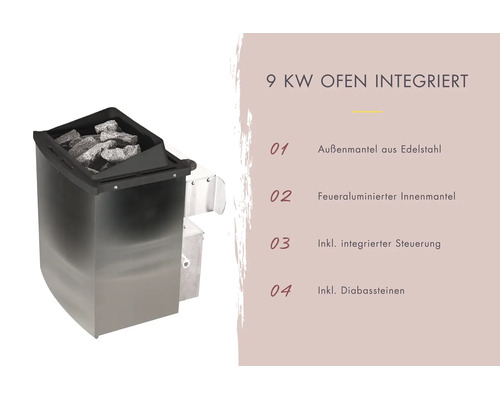9 Kilowatt Saunaofen mit integrierter Steuerung, Edelstahl-Außenmantel, feueraluminiertem Innenmantel und Diabassteinen.