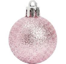 Rosa Weihnachtsbaumkugel mit Glitzer-Oberfläche und silberner Aufhängung.