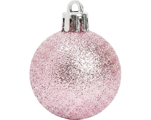 Rosa Weihnachtsbaumkugel mit Glitzer-Oberfläche und silberner Aufhängung.
