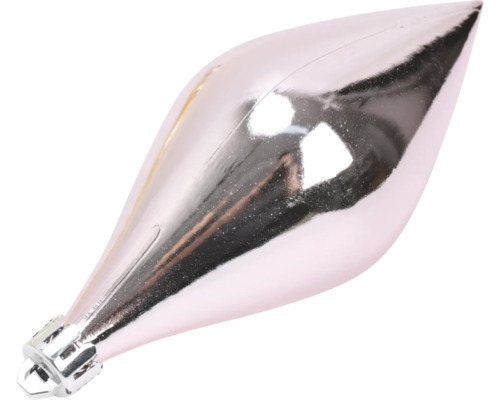 Glänzender rosa Weihnachtsbaumanhänger in Tropfenform mit silberner Aufhängeöse.