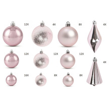 100-teiliges Weihnachtsbaumschmuck-Set in Rosa: glänzende, matte und strukturierte Kugeln in verschiedenen Größen sowie Zapfen und Tropfen.