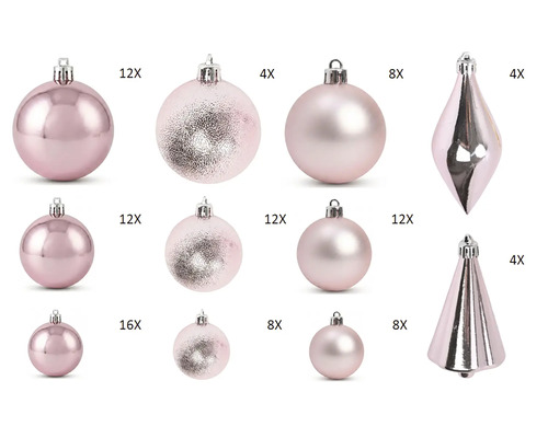 100-teiliges Weihnachtsbaumschmuck-Set in Rosa: glänzende, matte und strukturierte Kugeln in verschiedenen Größen sowie Zapfen und Tropfen.