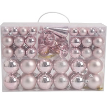 Weihnachtsbaumschmuck-Set mit Kugeln und Zapfen in verschiedenen Größen, glänzend, matt und glitzernd in einer transparenten Box mit Tragegriff.
