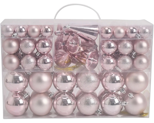 Weihnachtsbaumschmuck-Set mit Kugeln und Zapfen in verschiedenen Größen, glänzend, matt und glitzernd in einer transparenten Box mit Tragegriff.