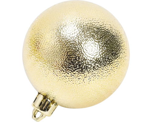Goldene Weihnachtskugel mit strukturierter Oberfläche und Aufhängeöse.