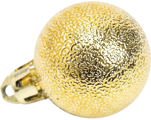 Strukturierte goldene Weihnachtskugel mit Aufhängung.