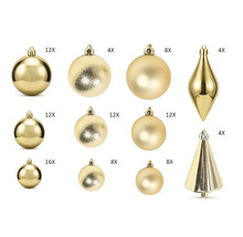 Goldener Weihnachtsbaumschmuck mit Kugeln, Tropfen und Zapfen in glänzenden, matten und strukturierten Oberflächen.